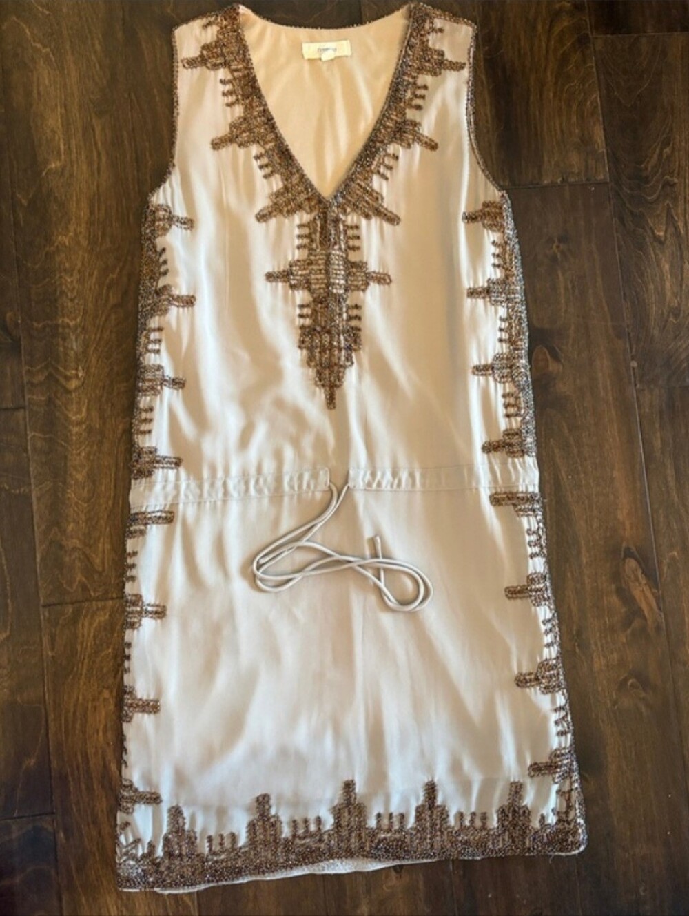 Embellished V-Neck Sleeveless Dress - Neutral Beige - Picture 2 of 6
